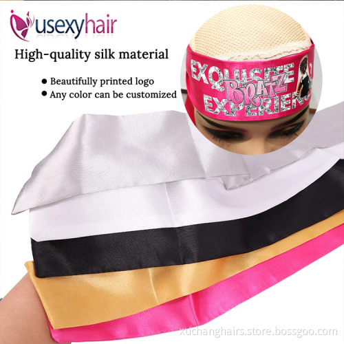 Wholesale adjustable custom logo frontal wraps lace hair edge wig elastic melt band bonnets and satin hair wraps with logo
